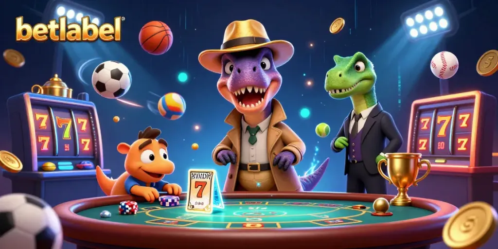 Experience the action at betlabel with a 3D cartoon velociraptor card counter amidst exciting casino elements.