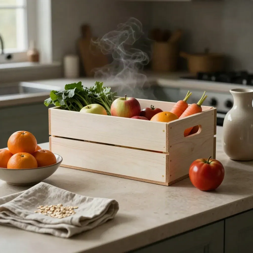 Scatola famiglia di frutta e verdura con agrumi e carote su pietra, luce morbida.