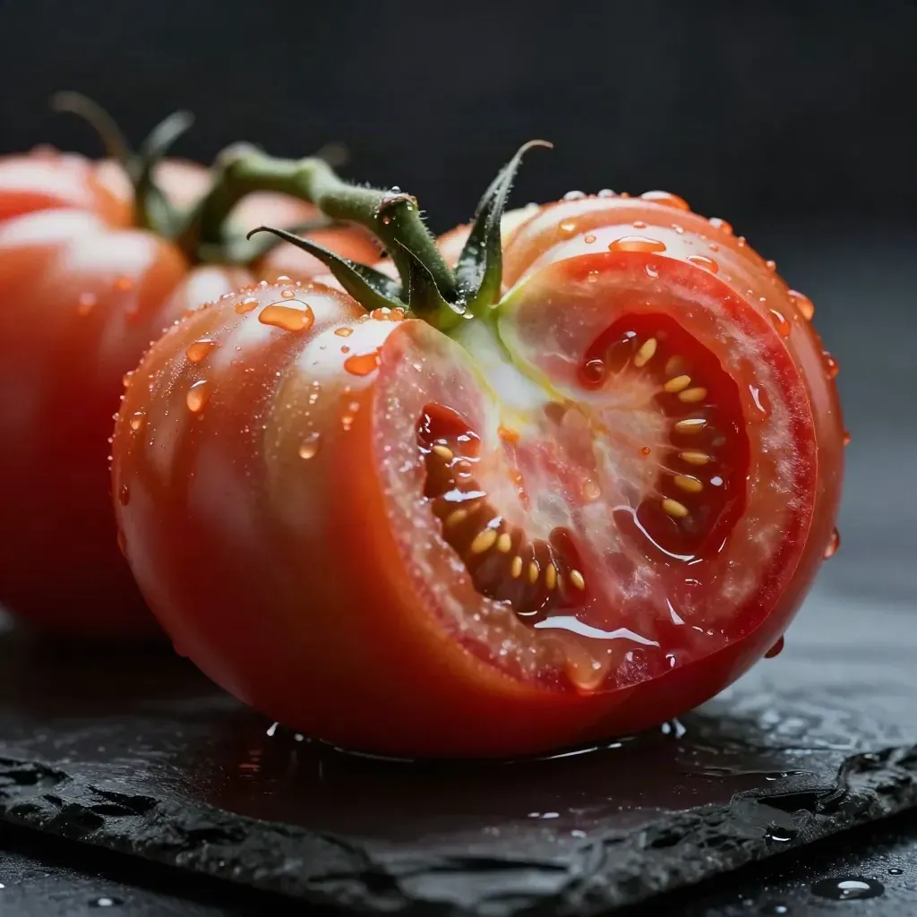 Pomodori Cuore di Bue macro su ardesia bagnata, uno tagliato con polpa e semi visibili.