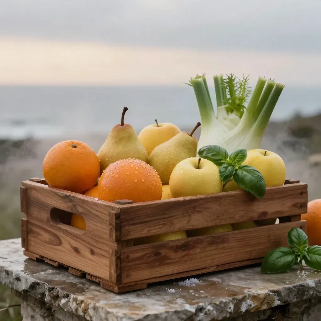 Cassetta di stagione con arance, pere, mele, finocchi e basilico nella luce dell’alba.