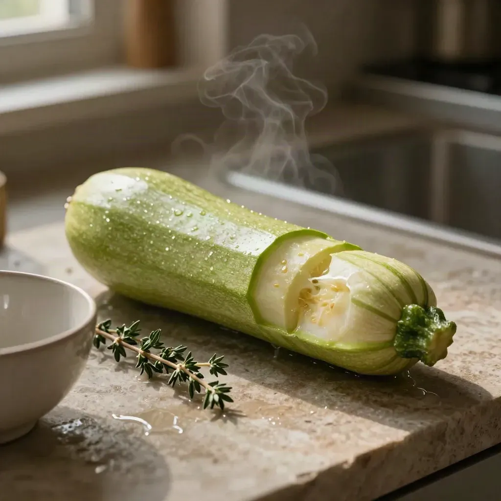 Zucchine chiare su pietra con timo e una ciotola di ceramica chiara