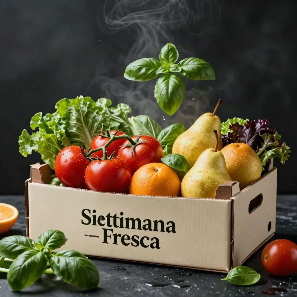Cassetta di frutta e verdura fresca che esplode di colori su fondo scuro