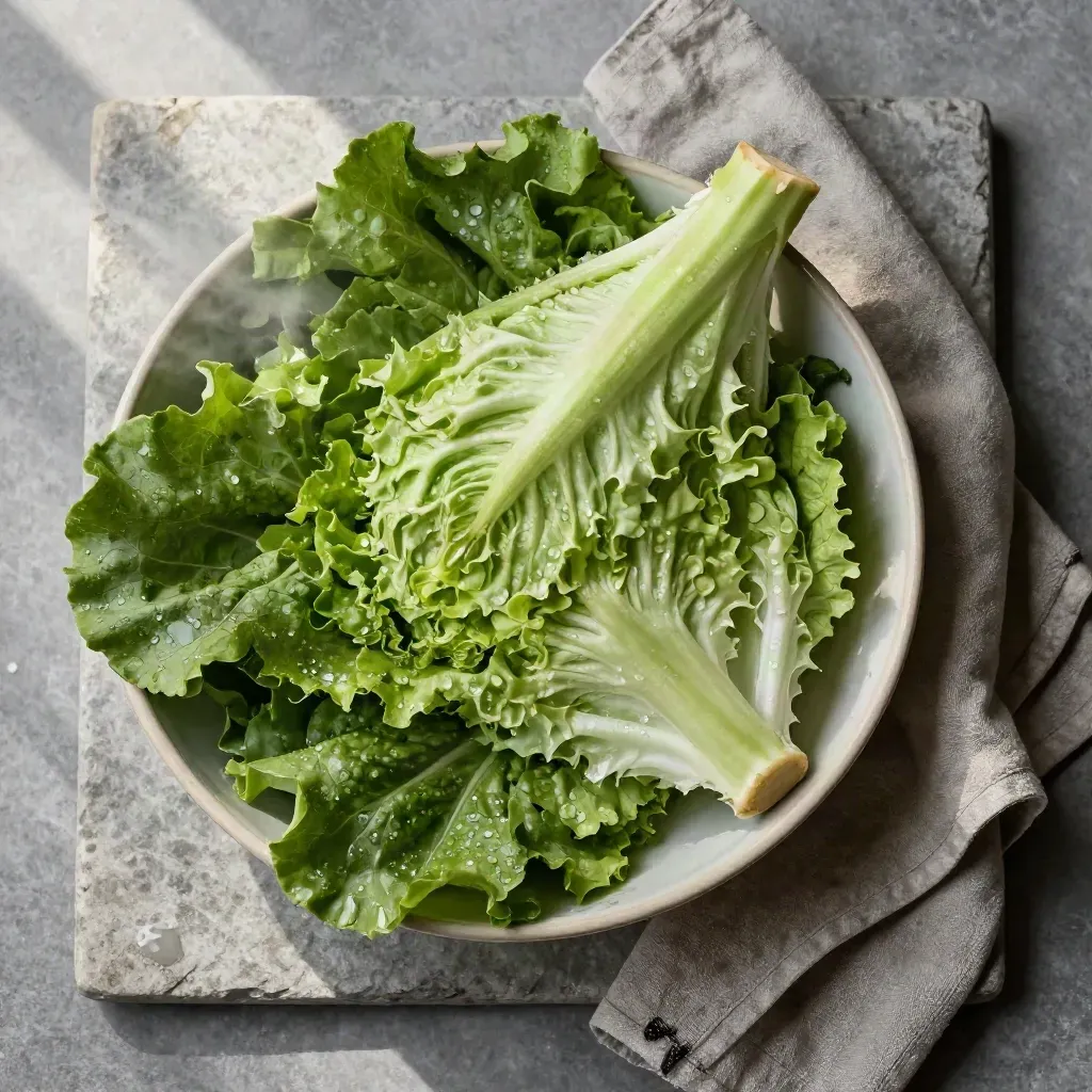 Lattuga gentile con gocce d’acqua, foglie aperte e ciotola in ceramica su lino umido.