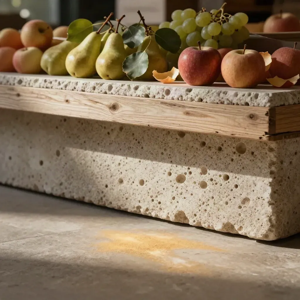 Banco di pietra con cassette di frutta e rami verdi, luce calda e spazio vuoto per il titolo.