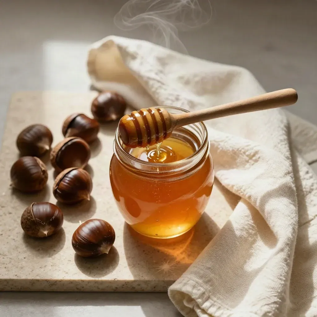 Miele di castagno in vasetto con mestolo, castagne e panno crema su pietra chiara.