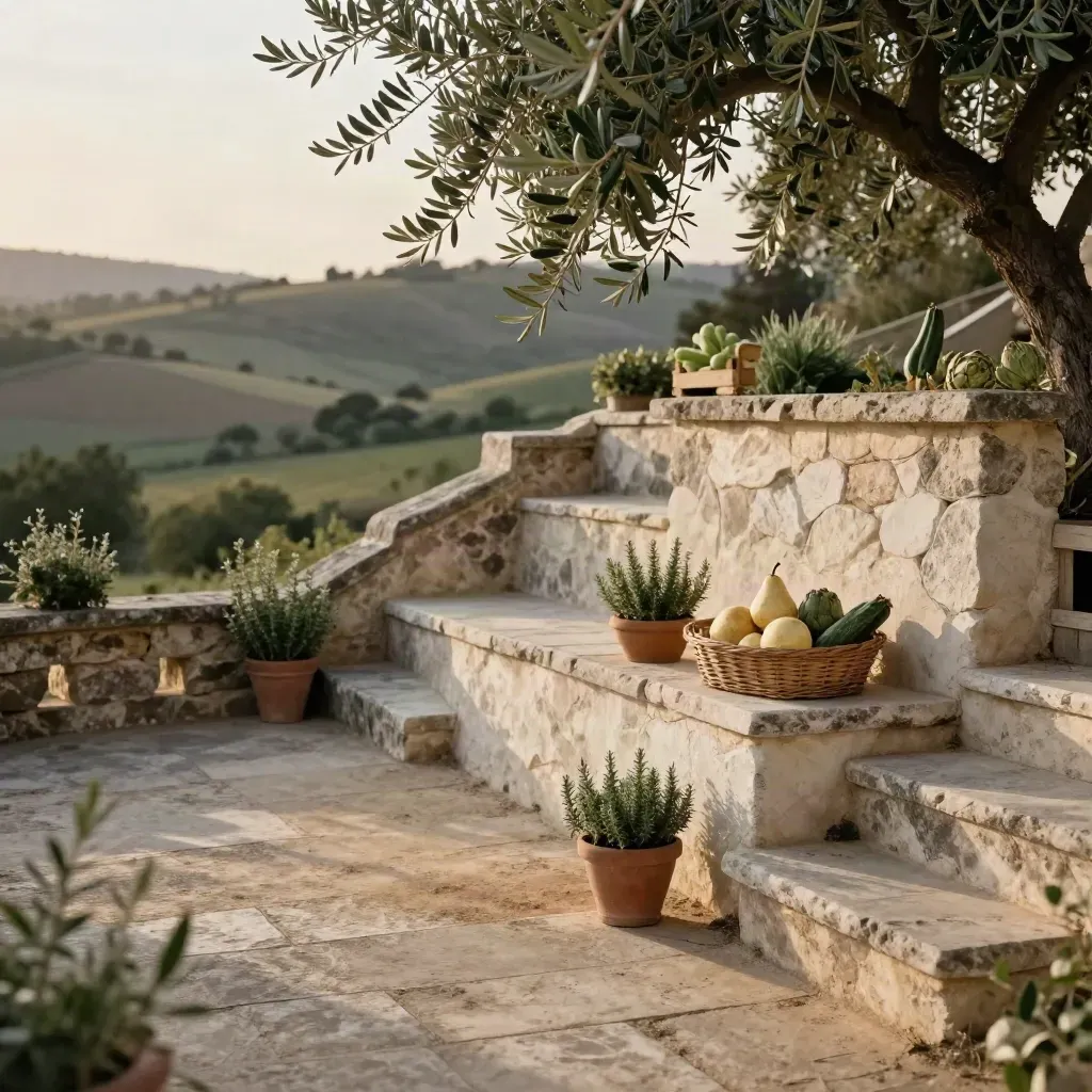 Cortile terrazzato al tramonto con ulivi, erbe aromatiche e cassette di frutta in alto.