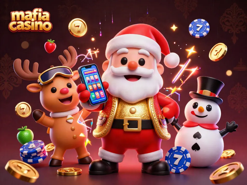 Mafia casino themed illustration showing Santa, a reindeer dealer, and a poker chip snowman in a vibrant, festive casino.